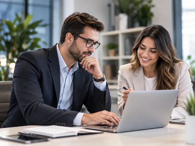 Two colleagues reviewing work on a laptop